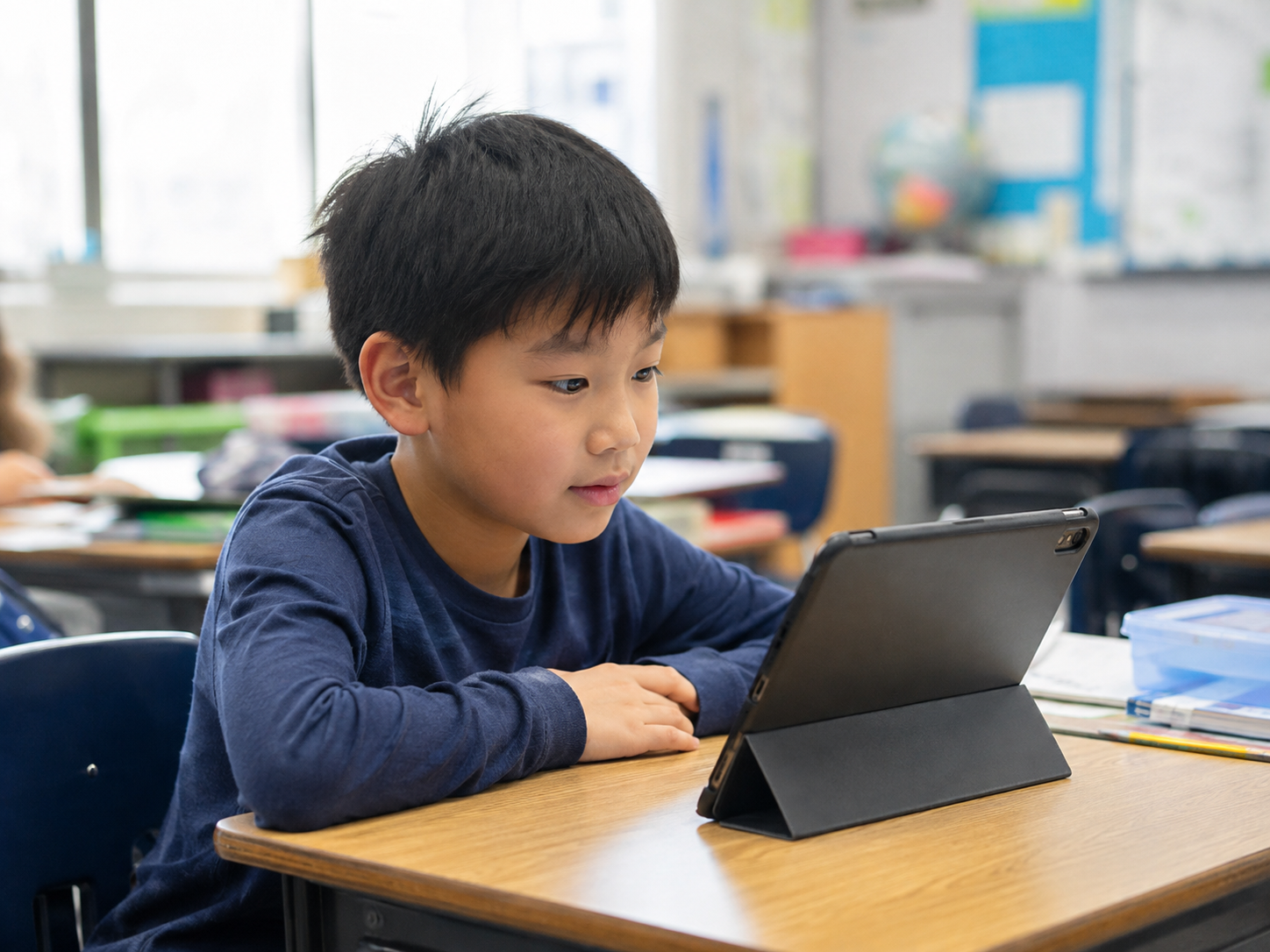Elementary student watching a video on a tablet in a classroom