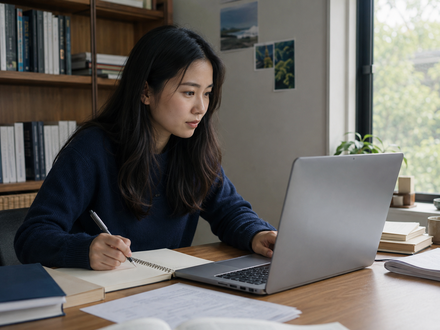 Graduate student writing at a laptop in a study space